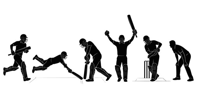 Cricket player silhouettes set, professional cricketers in action poses, black vector athletes batting and bowling, sports competition graphic elements