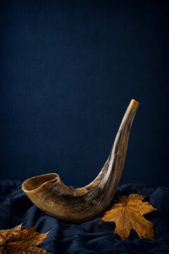 Traditional shofar on dark blue fabric with autumn leaves