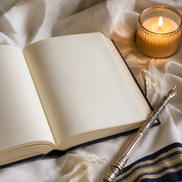 Open book with silver Torah pointer and candlelight