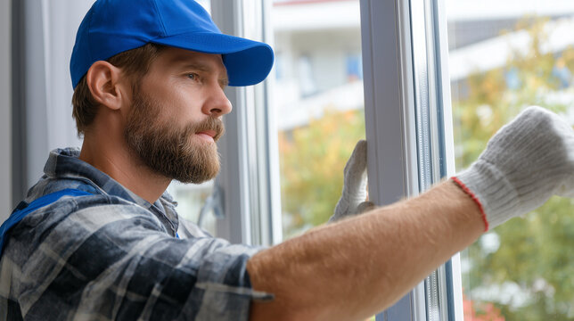Close-up of bearded handyman fitting a window frame in a sunlit home with autumn foliage outside