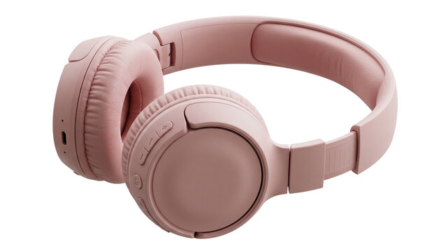 Pastel pink wireless headphones with soft ear cups and volume control buttons on ear piece isolated on transparent background for fashionable audio product retail mockups