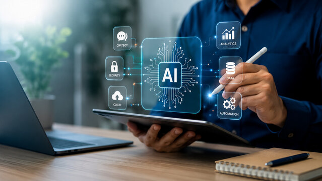 Artificial intelligence and digital technology interface concept on digital tablet.