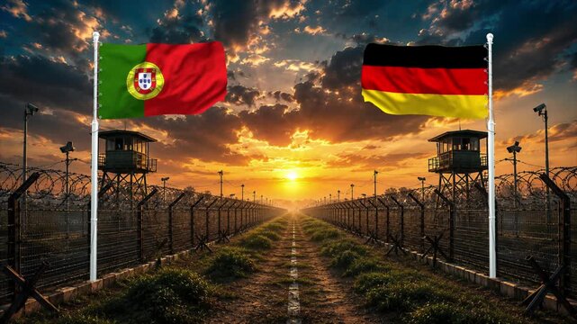 Sunset over border fences with flags of Portugal and Germany. Peaceful border scene with security towers and barbed wire.