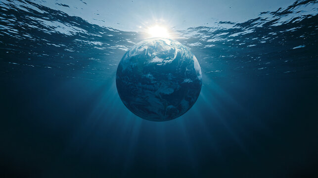 Planet earth floating beneath crystal-clear ocean waters with sunbeams piercing the depths, water conservation and global unity concept, with copy space