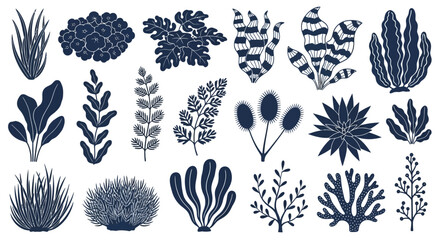 Collection of hand-drawn dark blue vector plants, leaves, bushes, and seaweeds isolated on white © imran