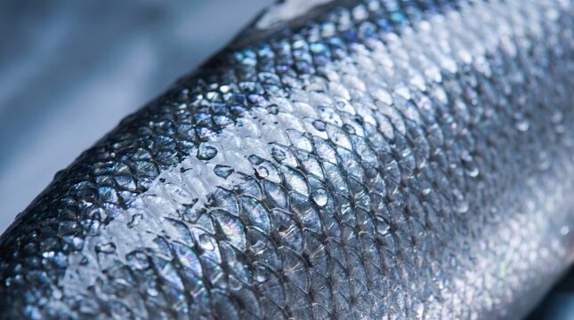 Close up of iridescent salmon fish scales with wet metallic texture and water droplets.