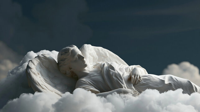 Serene depiction of an angel resting peacefully among soft clouds in the heavens, tranquil spiritual concept, with copy space