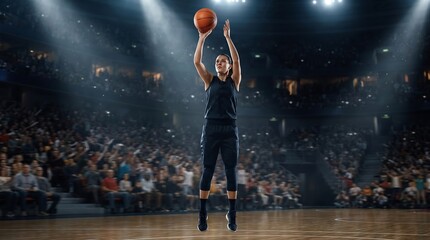 Obraz premium Female Basketball Player Executing Jump Shot in Full Arena Stadium