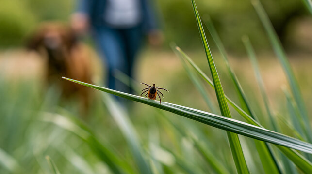 Small tick resting on green grass near a pet and its owner in a nature park, veterinary safety awareness concept, with copy space
