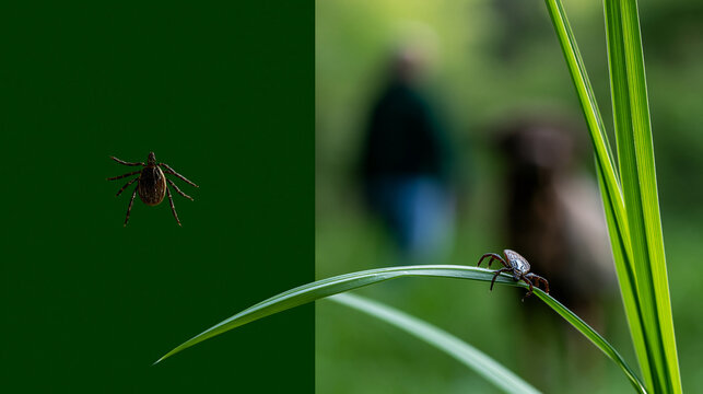 Small tick resting on green grass near a pet and its owner in a nature park, veterinary safety awareness concept, with copy space