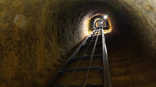 A faster ascending camera movement follows an ancient underground stone stairway, passing carved rock walls and emerging toward the bright natural light at the exit.
