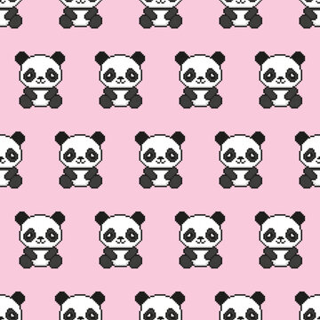 Cute pixel art panda bear seamless pattern on pink background.