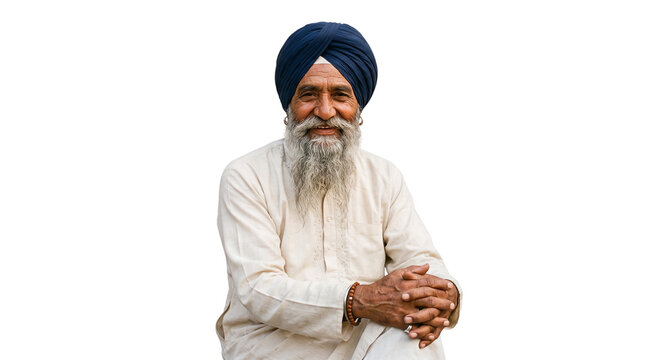 Sikh senior man with blue turban and grey beard, elderly Indian male in traditional white kurta, smiling mature Punjabi man isolated on white background