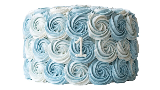 Blue ombre rose swirl cake with white number one candle topping isolated on transparent background for first birthday party celebration invitation design graphic asset