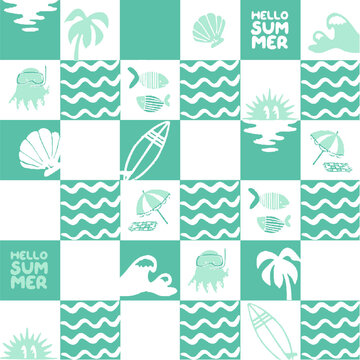 Summer checkerboard pattern with beach elements and ocean waves in teal and white
