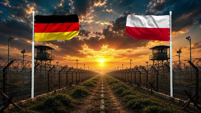 German and Polish flags flutter at sunset over a border fence. National symbols in a peaceful setting.