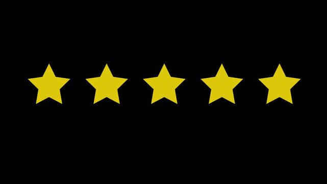 five star rating icon animation black background.