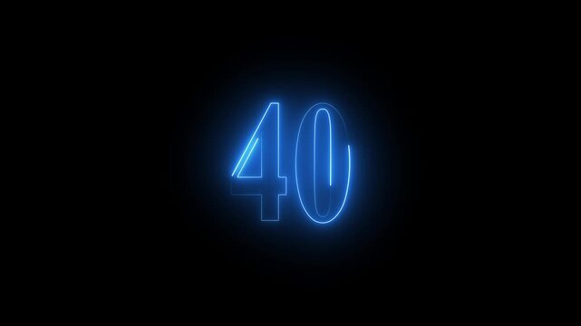 Glowing blue neon number 40 on black background forty numeral