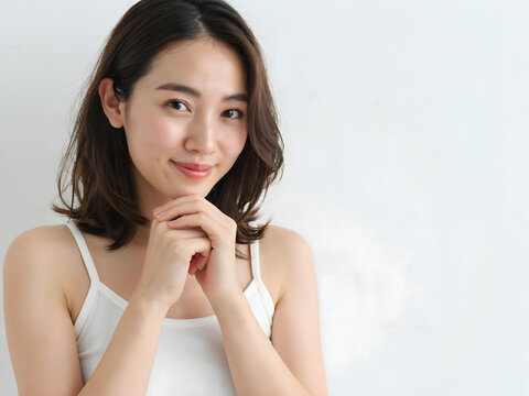 A portrait of a young asian woman with shoulder length dark hair, wearing a white camisole, hands clasped, smiling against a plain white background