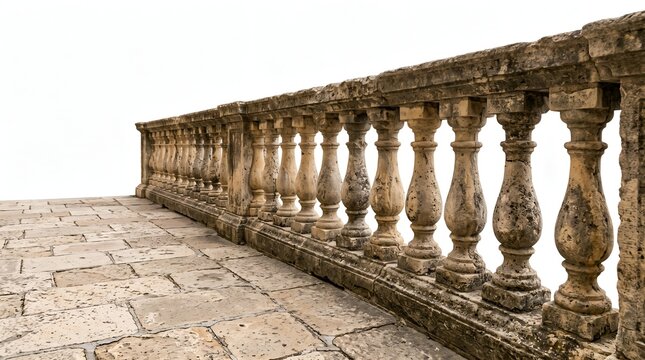 Weathered antique stone balustrade with ornate balusters on a historic terrace