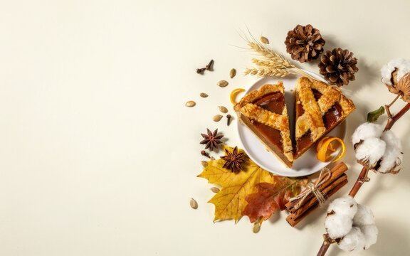 Top view of delicious pumpkin pie slice decorated for thanksgiving day celebration on light background