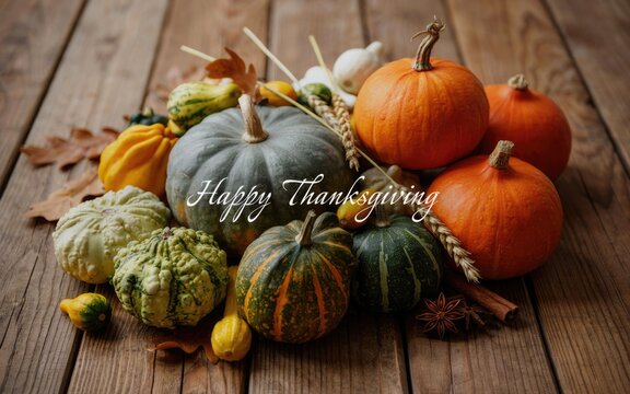 Assorted fresh pumpkins and autumn gourds arranged on a rustic wooden table for thanksgiving day celebration