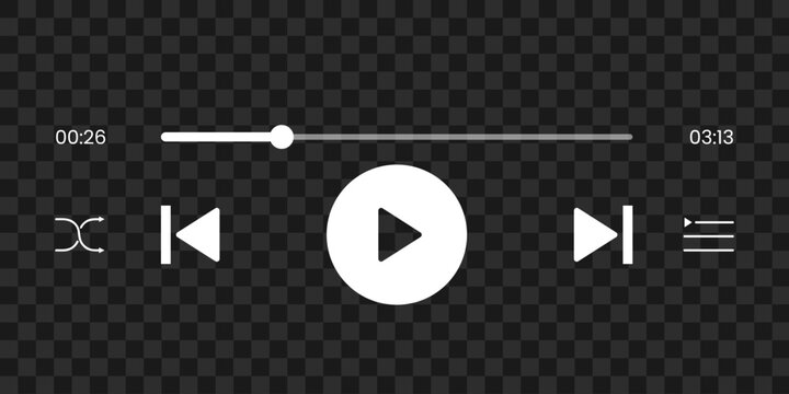 Minimalist white audio player user interface widget vector with progress bar time counter and playback control buttons on transparent background.