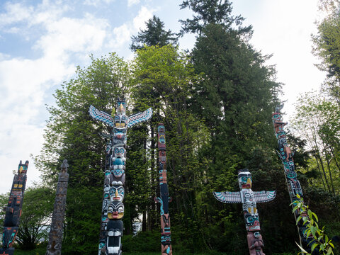 Vancouver BC, Canada - May 1, 2019:Totem poles, indigenous art at Stanley park in downtown Vancouver