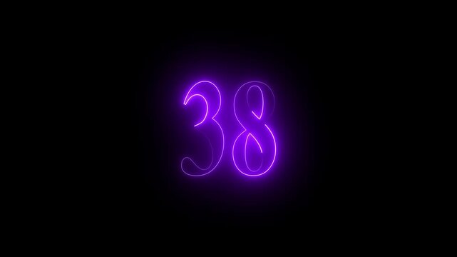 Glowing purple neon number 38 on black background thirty eight numeral