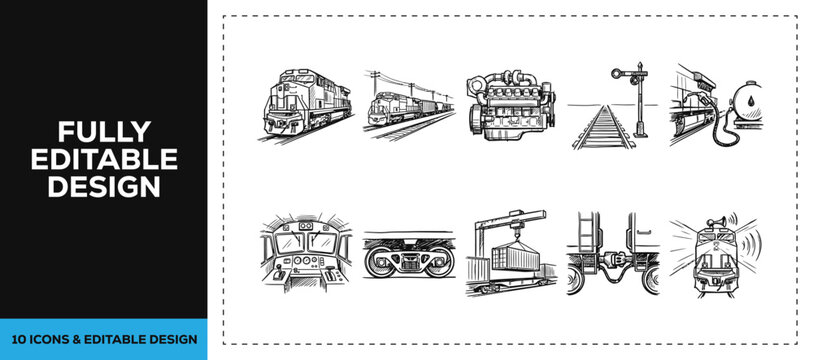 Black ink scribble industrial heavy machinery and train icon set bundle featuring doodle sketch vector illustrations for factory engineering and transport branding design art graphics.