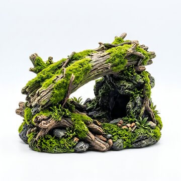 Moss-covered driftwood aquarium decoration with cave and bridge design for fish tanks