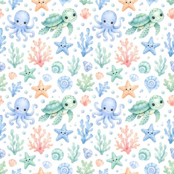 Cute watercolor sea creatures seamless pattern with turtle and octopus