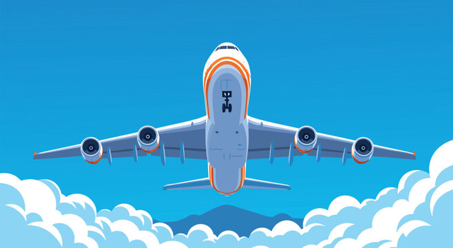 Pixel art illustration design of a commercial airplane flying upward in the blue sky above clouds from a low angle bottom view