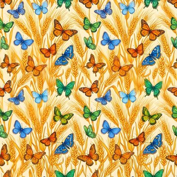 Seamless pattern of colorful butterflies flying over golden barley ears