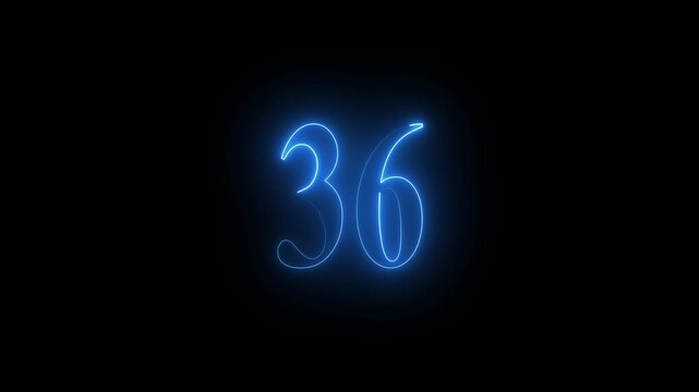 Glowing blue neon number 36 on black background thirty six numeral