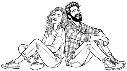 Obraz premium Hand drawn line art of happy couple sitting back to back, laughing young man and woman vector illustration, romantic relationship sketch