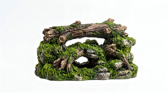 Moss-covered driftwood aquarium decoration with cave and bridge design for fish tanks