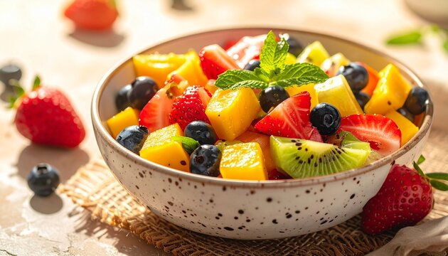 Close up vibrant fruit salad in a speckled ceramic bowl. Features fresh strawberries, blueberries, kiwi, mango, and watermelon cubes with a mint garnish. Summer Fruit