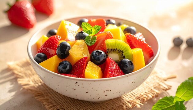 Close up vibrant fruit salad in a speckled ceramic bowl. Features fresh strawberries, blueberries, kiwi, mango, and watermelon cubes with a mint garnish. Summer Fruit