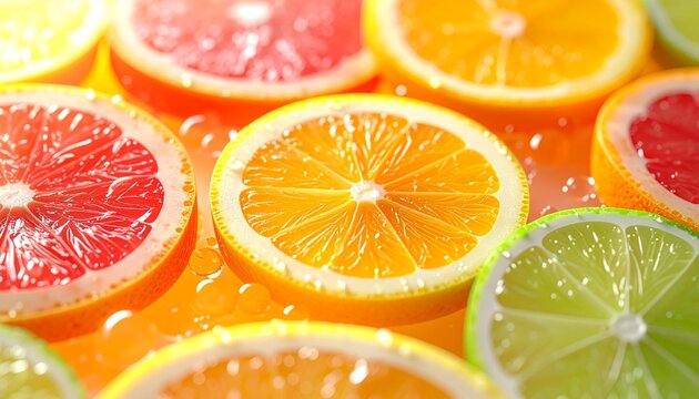 Macro photography of layered citrus slices: red grapefruit, orange, lemon, and lime. Translucent juice vesicles, vibrant colors, and soft, bright lighting. Summer Fruit