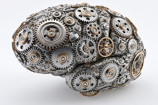 Intricate mechanical brain sculpture with complex gears and cogs, symbolizing intelligence and technology.