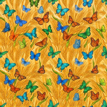 Seamless pattern with colorful butterflies and golden barley ears on orange background