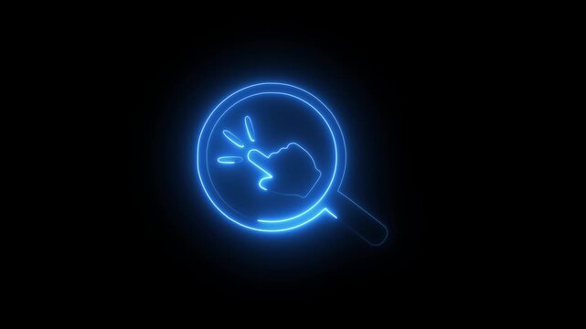 Neon blue magnifying glass icon with a clicking hand