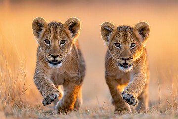 Obraz premium Two adorable lion cubs running towards the camera in golden hour light
