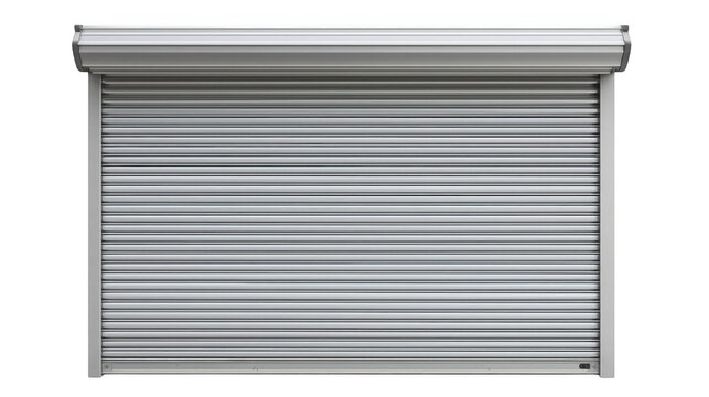 Metallic roller shutter door isolated. Steel security gate for commercial shop entrance.