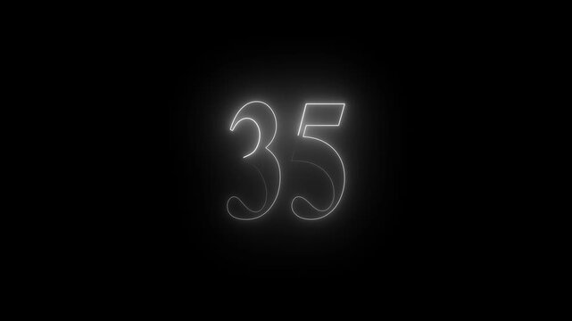White neon number 35 glowing on black background thirty five