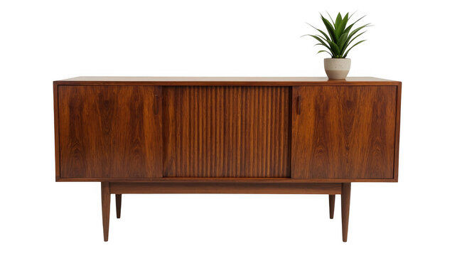 Mid-century modern rosewood sideboard. Vintage wooden cabinet with slatted doors and plant.