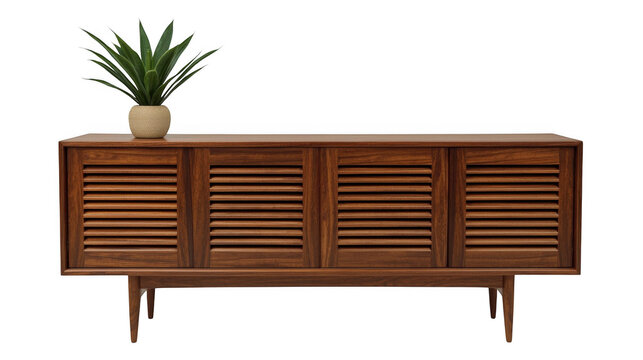 Mid-century modern rosewood sideboard with slatted doors and potted snake plant. Retro wooden credenza featuring vertical slats and minimalist home...