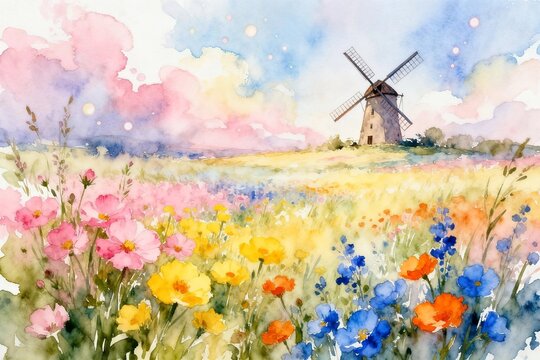 Watercolor Windmill Field with Colorful Flowers