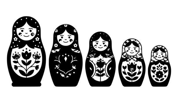 Russian Matryoshka Nesting Dolls Black Silhouette Vector Set